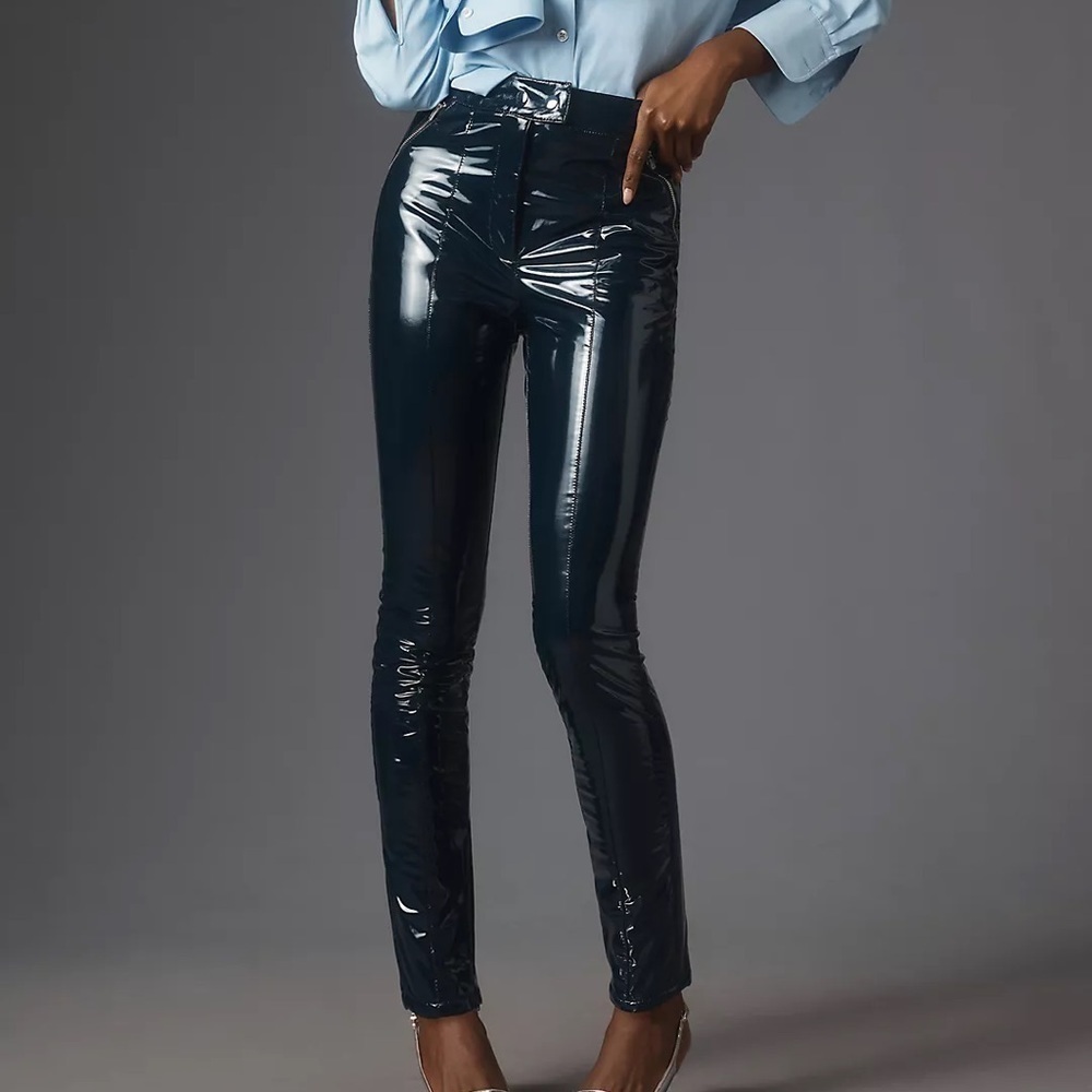 Anthropologie NEW Maeve Faux Leather Skinny Moto Leggings Navy Blue Size 10